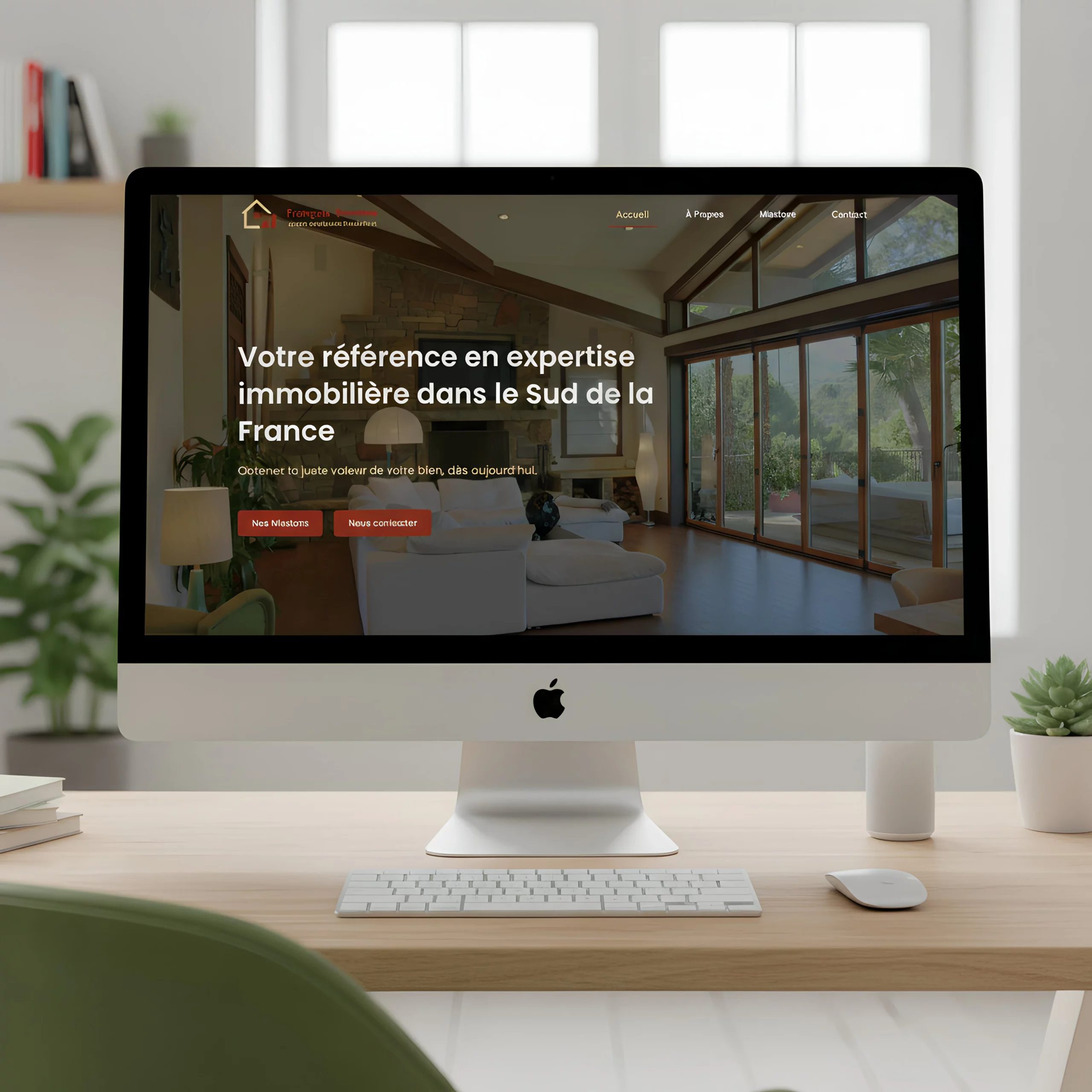 Présentation visuelle de la page d'accueil du site Sanchez Expert Immo sur un ordinateur de bureau, mettant en avant l'expertise immobilière dans le Sud de la France.