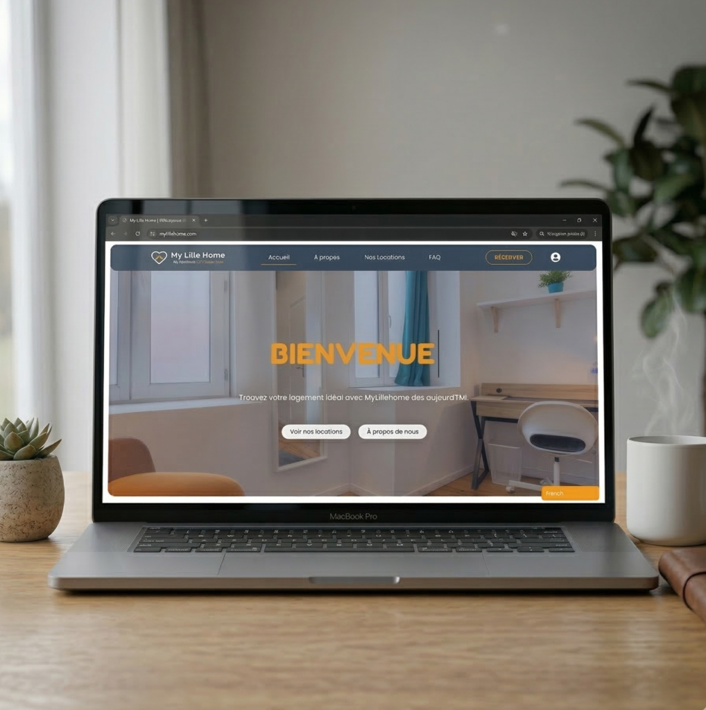 Interface du site internet de My Lille Home sur un MacBook Pro : création d'un webdesign moderne pour une plateforme de location immobilière à Lille.