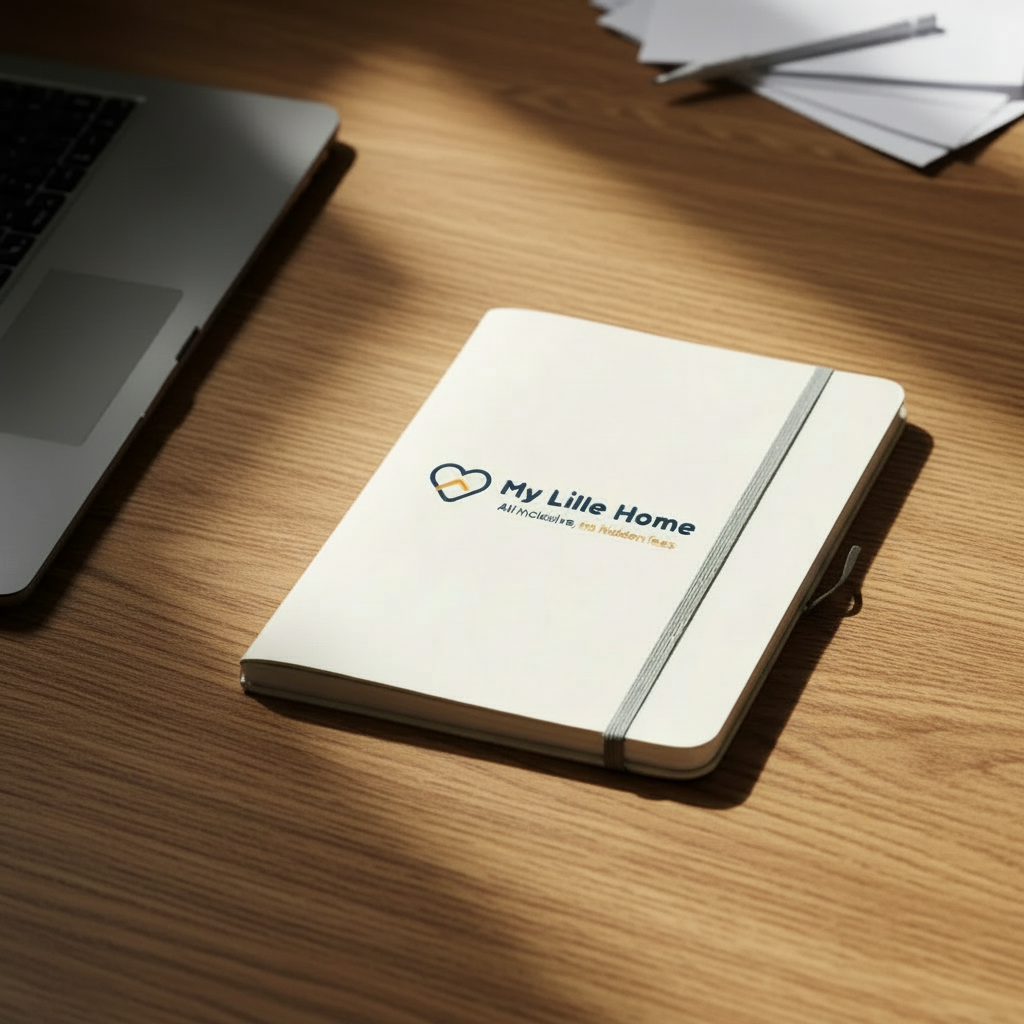 Identité visuelle My Lille Home : déclinaison du logo sur un carnet de notes professionnel